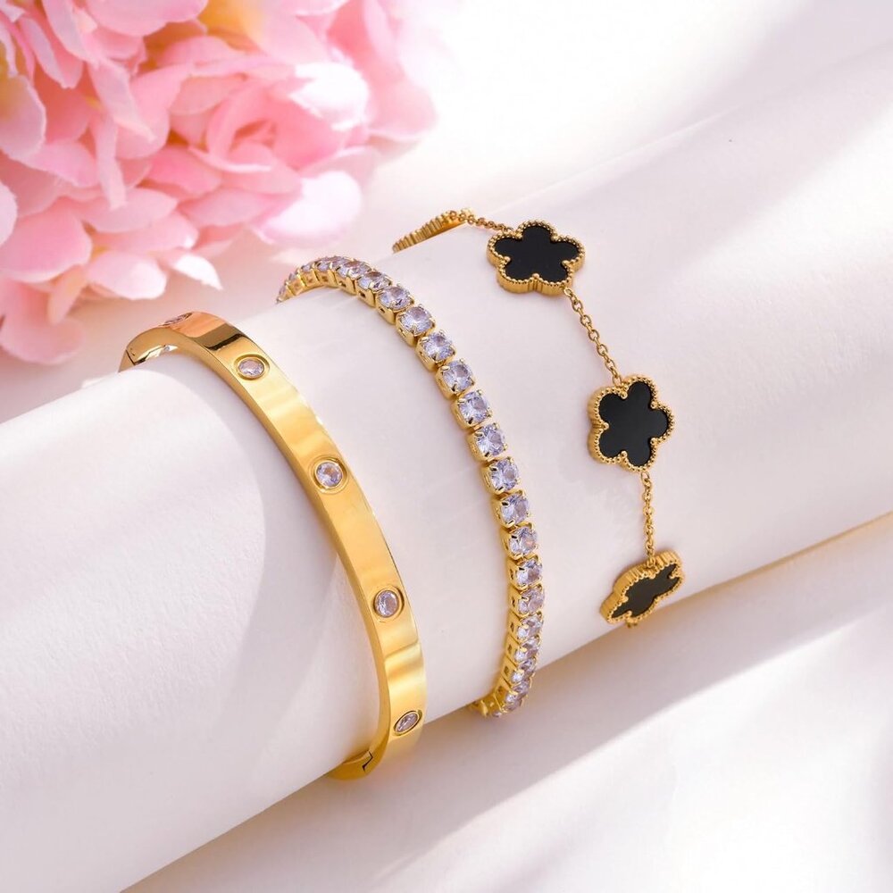 3pcs 18k Gold Stackable Bracelets With Cubic Zirc… - image 4